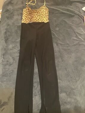 Leopard Bust Black Jumpsuit with Spaghetti Straps key hole midriff